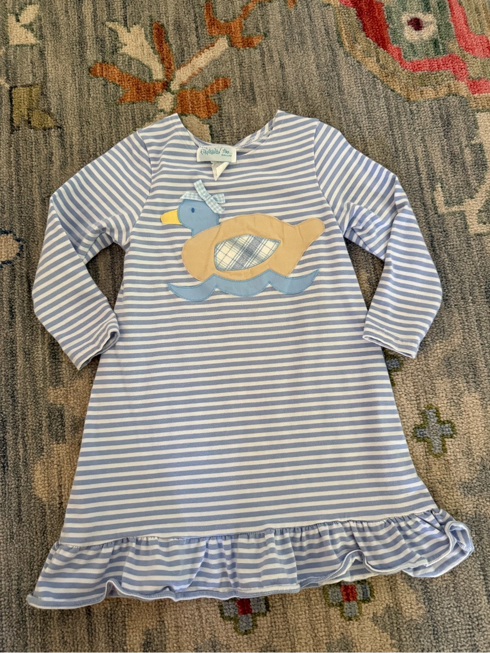 Funtasia Too girls blue white striped long sleeve ruffle dress duck appliqué 3t